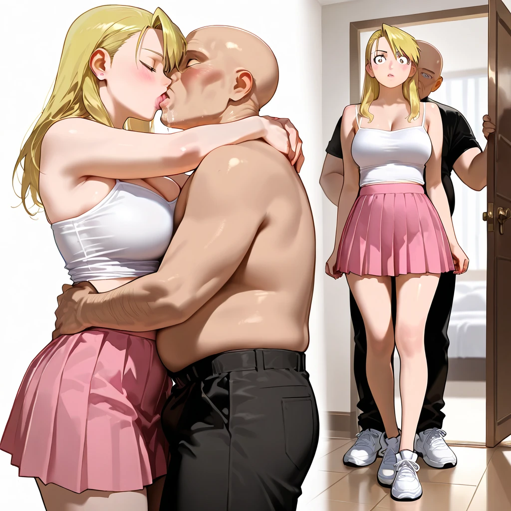 1girl, sexy 15yearold blonde cheerleader is in her underwear and is kissing her ugly male teacher for grades after class. 1 ugly old man nsfw, tongues, kissing