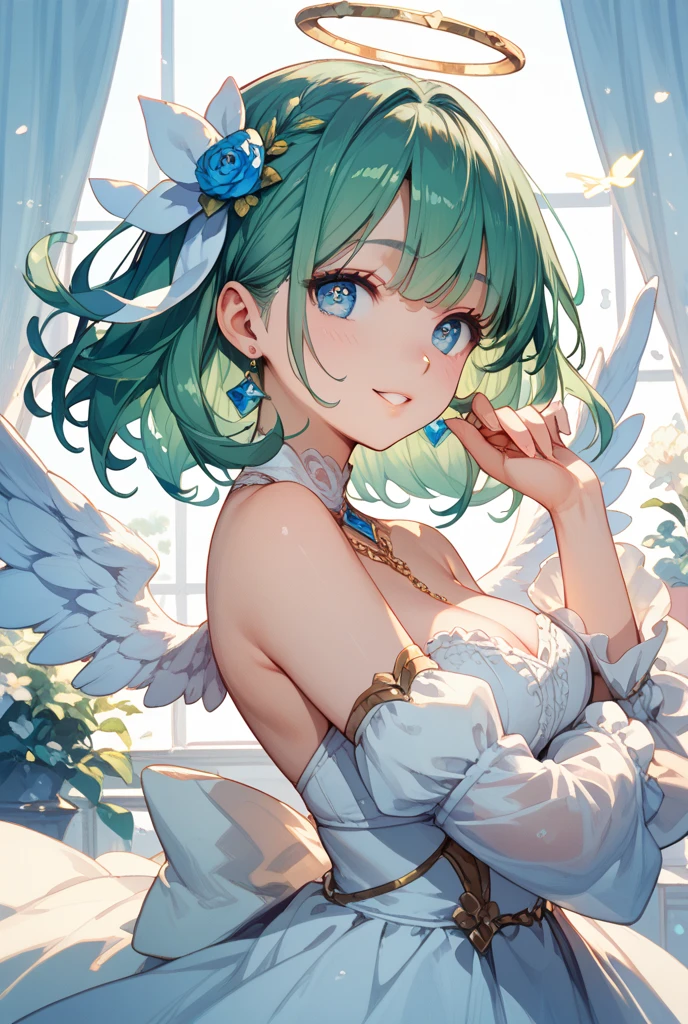 Multiple characters from the harem were depicted with smiles、Angel wings grew girl with Masterpiece illustrations with the highest image quality and ultra-high resolution。a beauty girl Pink hair Green hair