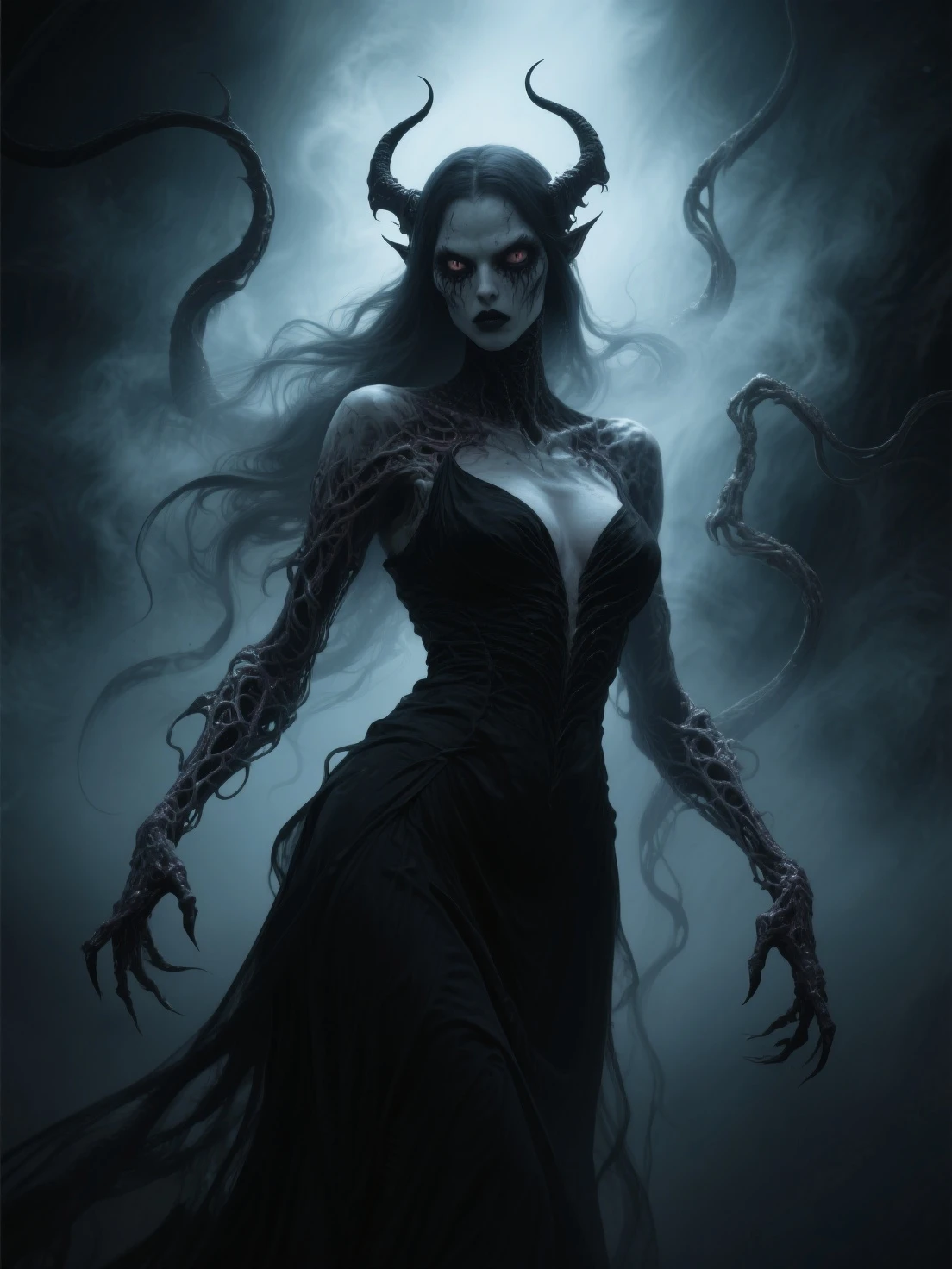 best quality,4k,highres,masterpiece:1.2,ultra-detailed,realistic:1.37,HDR,UHD,studio lighting,portrait,horror,gothic,haunting,terrifying,gloomy,nightmarish,ominous,dreadful,dark,demonic,terrific,macabre,surrealism,monstrous beast,tentacles,cosmic entity,intense,twisted,terrifying eyes,elongated face,otherworldly landscape,ruined city,ancient ruins,shadows lurking,spooky atmosphere,majestic dark wings,foreboding,overwhelming power,ethereal glow,sinister presence,emerging from darkness,nightmare realm,abyssal depths,surreal art,night sky filled with eldritch stars,imposing figure,bleak shadows,element of surprise,unfathomable depths,dimensions beyond,sublime terror,exploration of the unknown