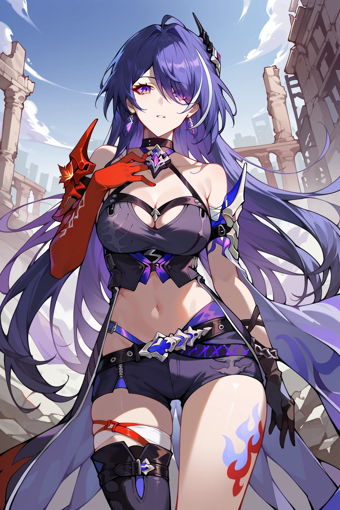 best qualityer,tmasterpiece,Ultimate resolution,downy,Extremely colorful,Colorful,Dragon beauty,Mature face shape,Long red and blue hair,blue color eyes,(Long red and blue hair),Redlip,Long messy hair,A pair of dragon horns,A pair of dragon wings,a matural female,Crop topping,Superskirt,The kinky is exposed,Sanctuary,Skysky,Normal posture