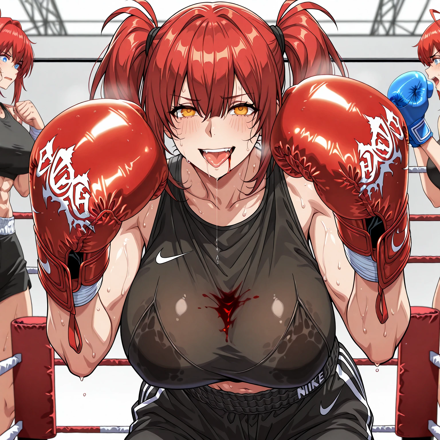 high quality, detailed image, , arrogant smile, bruise near the eye, bruise on cheek, bruises on the stomach, red long hair, very sweaty, in orange high neck crop top, in a black boxing skirt with orange seams, in black boxing gloves, in knee-high boxing boots, stands alone in the boxing ring holding her hands in boxing gloves at face level defending herself