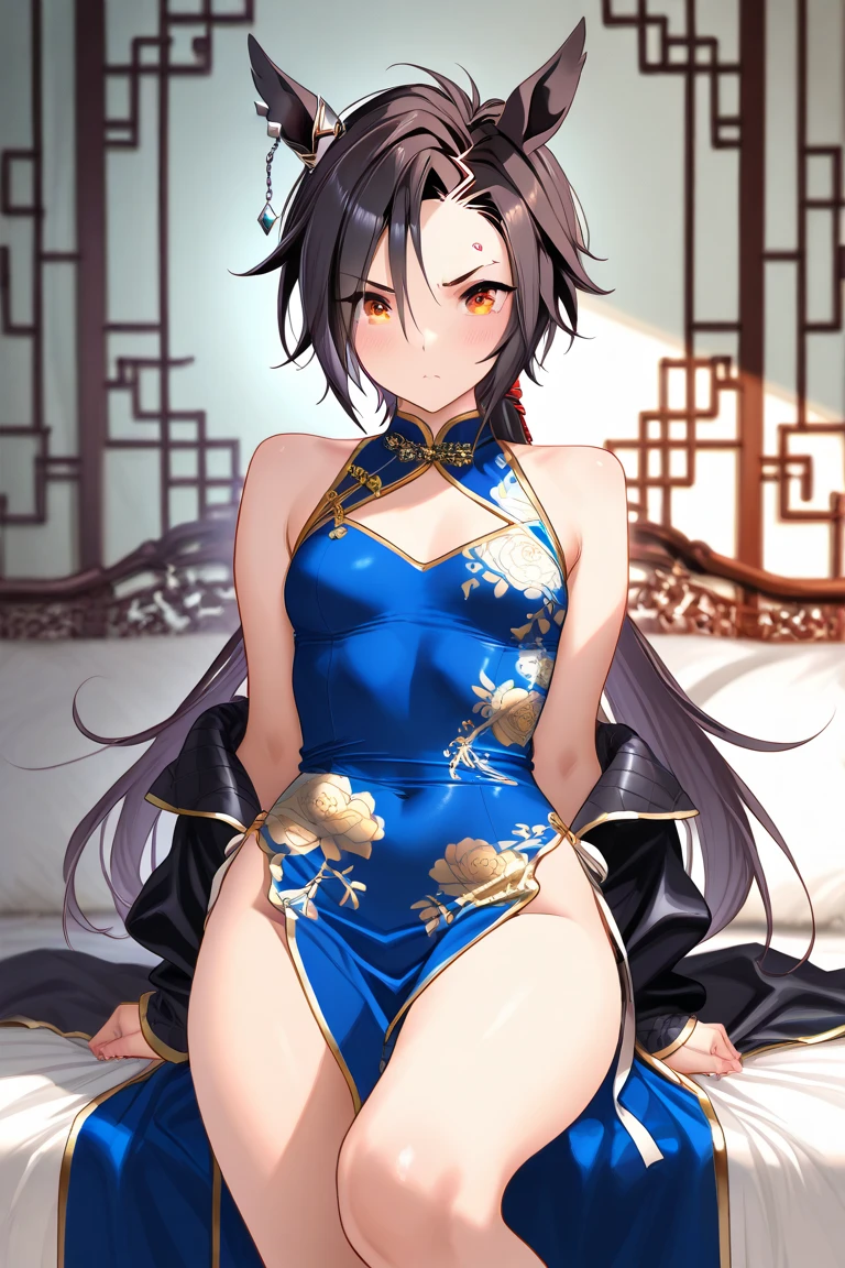 best qualityer，tmasterpiece，Ultimate resolution，downy，Extremely colorful，Cheongsam beauty，A MILF，on cheongsam，Kneeling pose，（Point at you with your ass），Collar，Anklets，high-heels，high-heels，Correct posture
