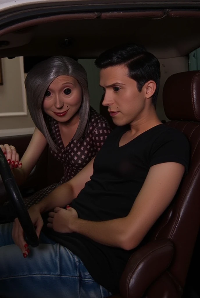 Beautiful girl, detailed blue eyes, long white niveous hair, detailed facial traits, blowjob in a car (BMW M3 F90), black african male legs, black african male penis, clown makeup