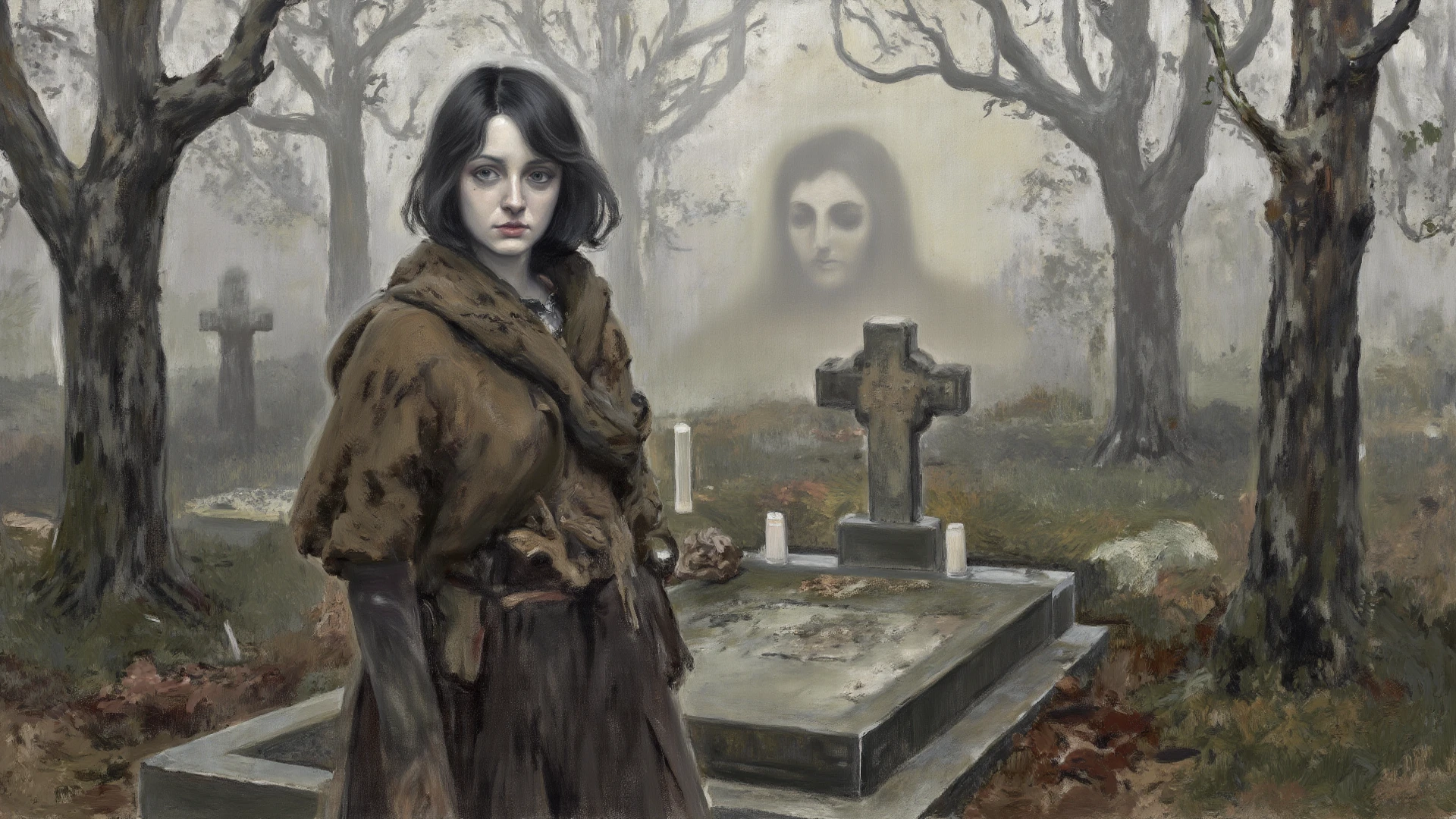 "Ghostly Hauntings": A minimalist and atmospheric image depicting ghostly apparitions floating among tombstones in a misty graveyard, with subtle shades of gray, capturing the eerie ambiance of Halloween night, Ultra realism, color field printing, high detail, UHD, 8k, anatomically correct, cinematic lighting 4d quality --auto --s2
