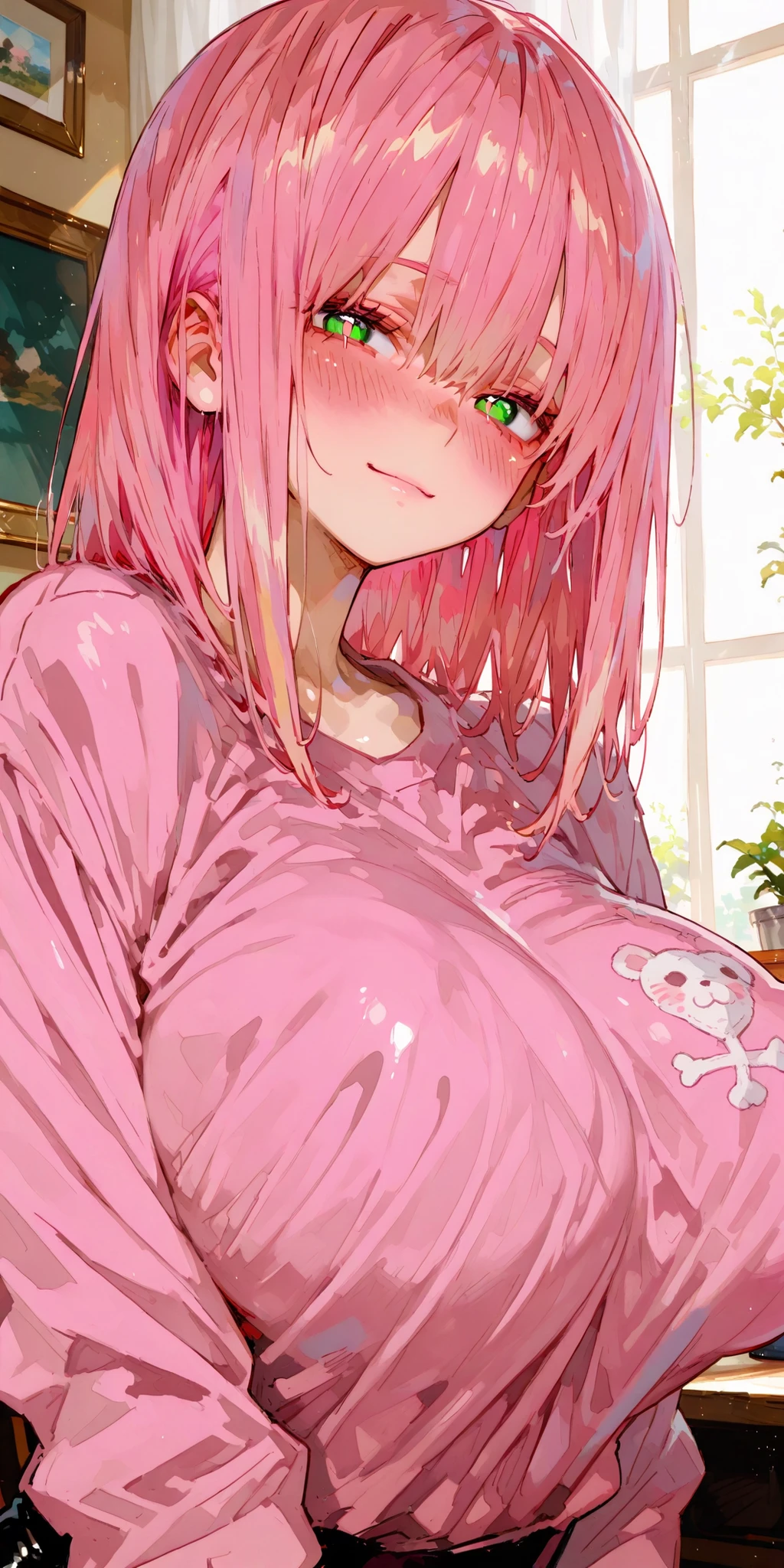 best quality, masterpiece, ultra detailed, general, SakimiStyle, SagawaStyle, 748cmstyle, 1girl, gigantic breasts, sweet, blushing, pink hair, overly detailed pupils, looking at viewer, shiny skin, shiny clothes, gentle sunlight, pink shirt, floating breast, (perky breasts:1.5), indoor, light smile, (covered breast:1.5)