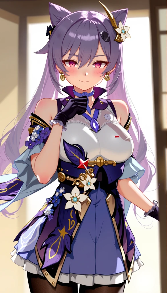 long hair, mole under mouth, purple hair, hair between eyes, aqua eyes, sharp teeth, ahoge, blush, smile, cowboy shot, 1girl,large breasts,solo,ahqipao,see-through, half gloves, white thighhighs