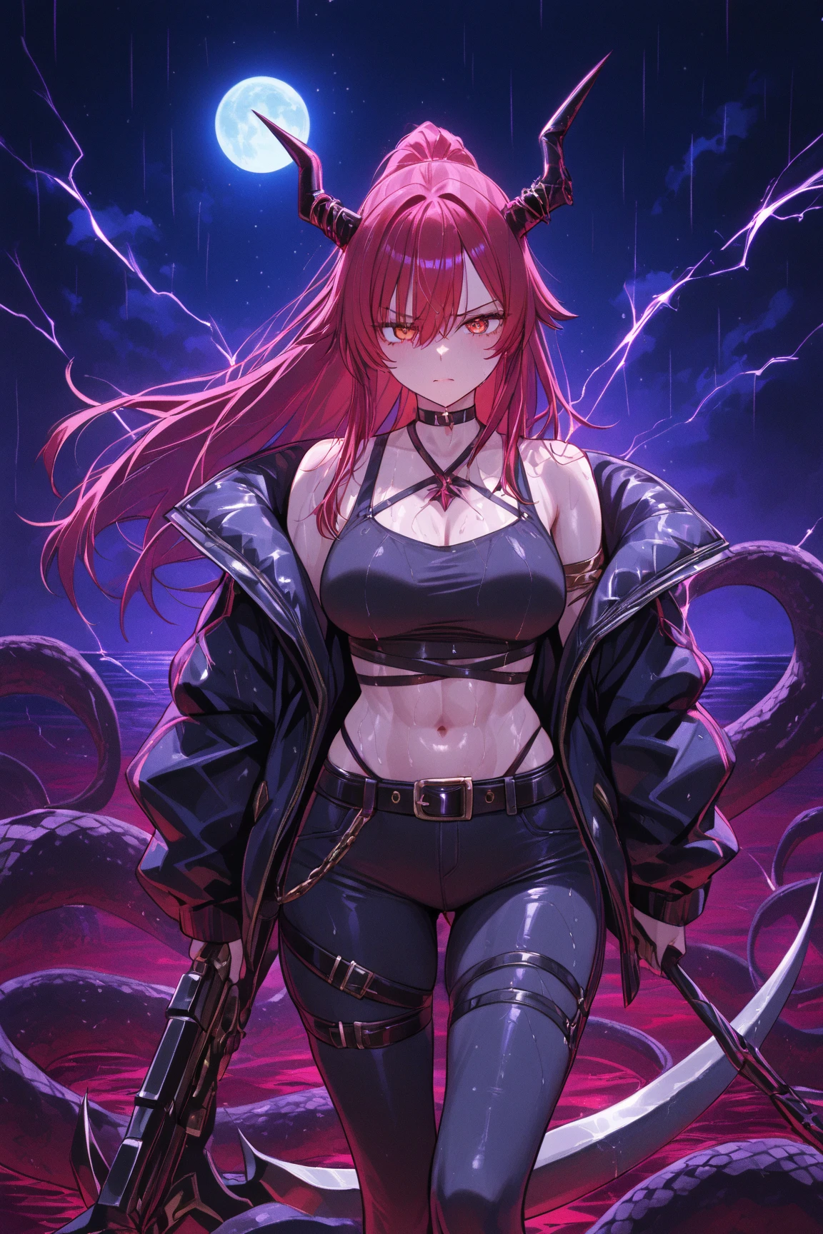 Young woman with pink hair and black horns sticking out of the water with lightning and thunder behind her in a long wet black ball dress, Ela tem um corpo volumoso e os seios, breasts and bust are huge, ela tem um rosto macio maduro lindo e perfeito, fox ears and fox tail pink(ultra-detalhado), obra-prima, melhor qualidade,(((1 menina))), (belo rosto detalhado),(belos olhos detalhados),(Seios enormes), quadris largos, coxas grossas, ((matural female))