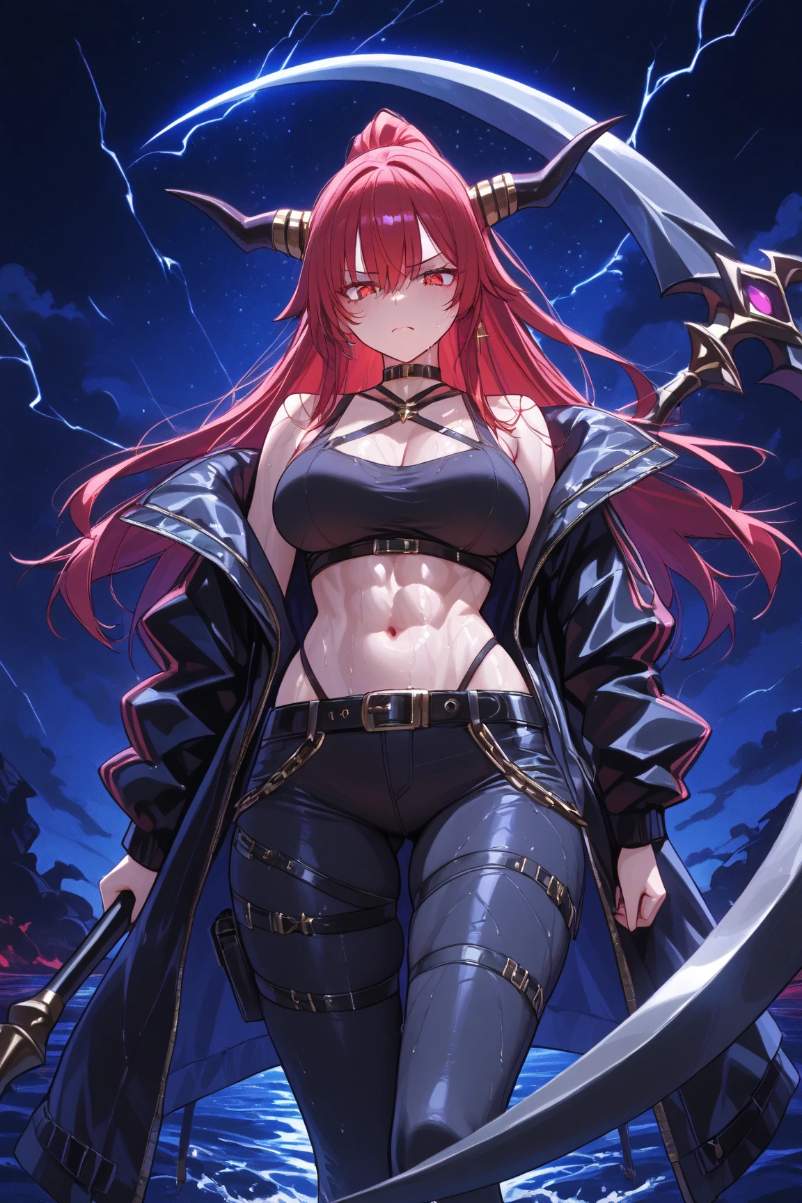 masterpiece, best quality,1girl,black military uniform,wide hips, red hair,long hair,floating hair, blue eyes, debris,close-up, walking, explosive in background,fire in background,sword, dragon horns,( dragon wings),dragon tail, (blood on face),(torn clothes), blood on clothes, scar, midriff, parted lips, dark sky, storm,blood from eyes,embers, laugh face, big laugh, long tongue, detailed eyes, extremely detailed eyes, detailed face, cleavage