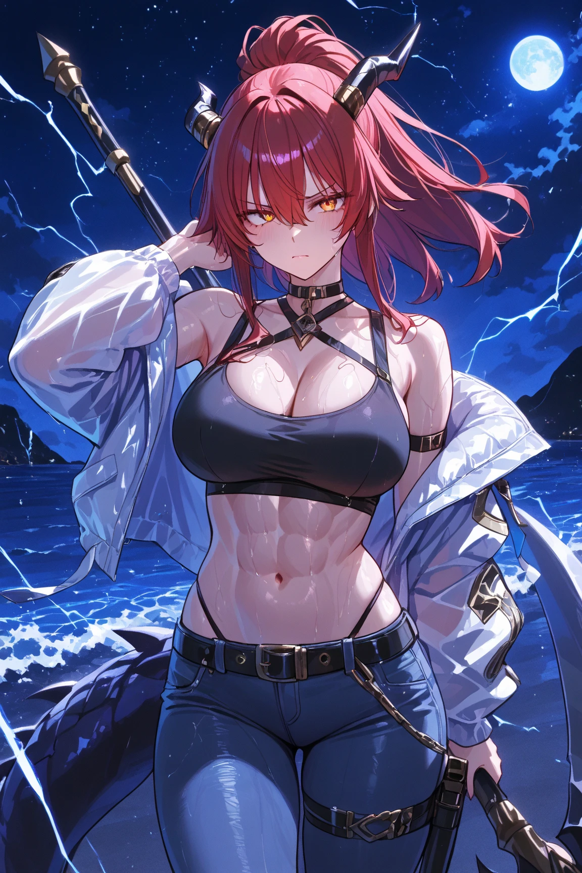 comic cover,Comic cover style,tmasterpiece, best qualityer, A high resolution, she1, (Hair over eyes:1.1), The palm of the hand generates lightning,Surrounded by thunder,Ocean park,Sex slips