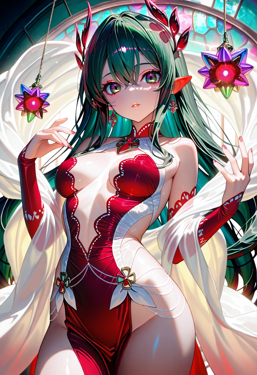 (( bright pink emerald green hair color)), pink eyes,sexy woman, cat ears, hearts, floating hearts, face only, long hair, smiling, hair ornament, up close face, closed mouth smile, up closeface, hair bows, sexy body