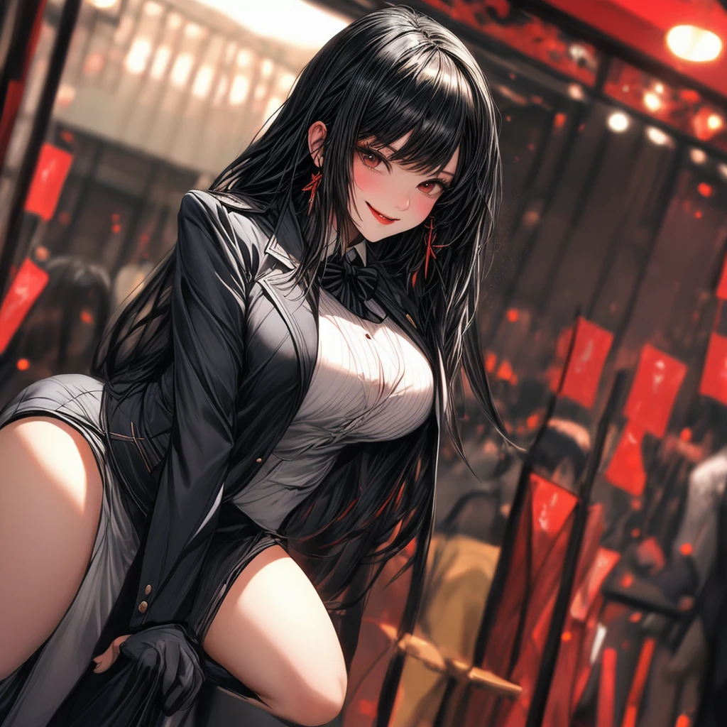 masterpiece、Top image quality、Black hair、Black bra、Colossal tits、mechs、animesque、8K,masterpiece, bset quality,Colossal tits、(1girl in)、((Pit Girl Suit))、shinny skin、Shiny big、dark-brown eyes、 ((top-quality))、 Crisp focus:1.2、Highly detailed facial and skin texture、A detailed eye、face perfect、perfect bodies、art by、nffsw、Blur the background、japanes、Big breasts with a strong presence、Circuit field、Blur the background、Cowboy Shot、