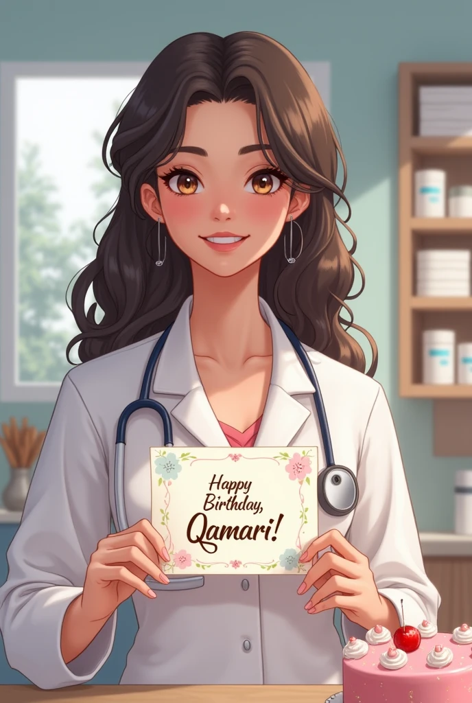 Make a acrtoon of cute muslim girl age 26,outfit Dr in hspital during checking notes and write Dr Zaro name in her cout and background afghanistan flag and skin brown and long hair and hijab and write Dr Zaro in her cout