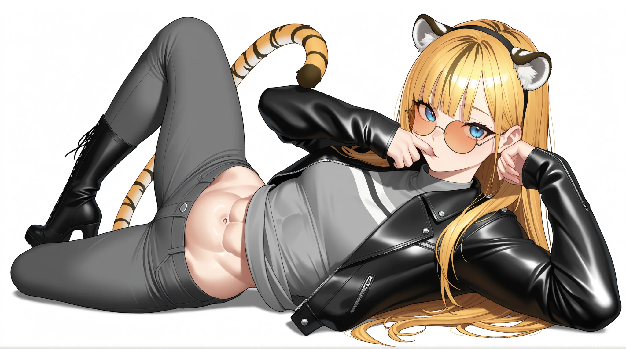 20yo, 1girl, solo, (angry:1.2), small chest, (muscular:1.2), fangs, (clean t-shirt, black t-shirt, tied t-shirt:1.4), (tiger print blonde long hair, tiger ears, locket necklace, triangle locket:1.2), (tiger print long pant, tiger print elbow gloves, black knee boot:1.2), simple background, full body, (paw pose:1.2),