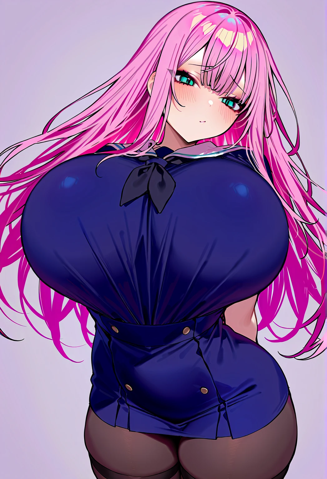 Mei Hatsume, a girl with yellow eyes with cross-shaped pupils and asymmetrically combed pink hair, with two longer strands on the right side of her face, stood in front of a full-figured woman. long mirror admiring your reflection.
