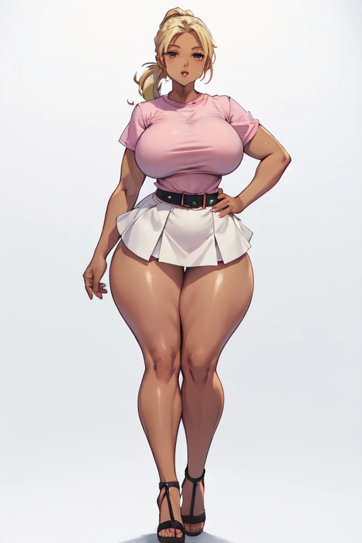 blonde woman, pigtails, midriff, short skirt, tight top, tie, striped socks, heavy boots, pink and black, cleavage