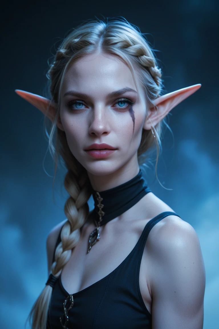 beautiful blond elven woman in her 30s, with blue eyes and striking features, exuding maturity and allure in a seductive pose.(dark-blue background), pointy ears, glowing eyes, beauty, blond long hair,blond short hair ,blond medium hair ,an14