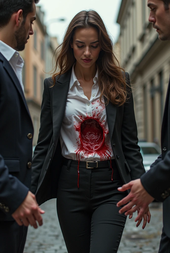 Create a picture where a guy wearing white full sleeve shirt and navy blue pant showing his back. In a light background. Now modify this image. 1st, both the hands are above his butt. 2nd, in one hand he is holding a chopper. And blood is dropping from the chopper. 3rd, give a horror effect to the picture.