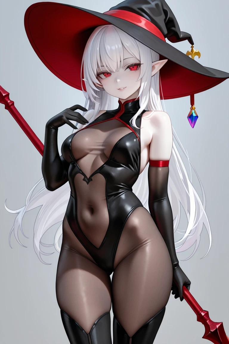 cutesexyrobutts style, 1girl, solo, hat, earrings, breasts, pointy_ears, jewelry, long_hair, cleavage, red_eyes, witch_hat, dress, hair_over_one_eye, detached_sleeves, white_hair, hoop_earrings, cleavage_cutout, red_nails, red_dress, looking_at_viewer, clothing_cutout, smile