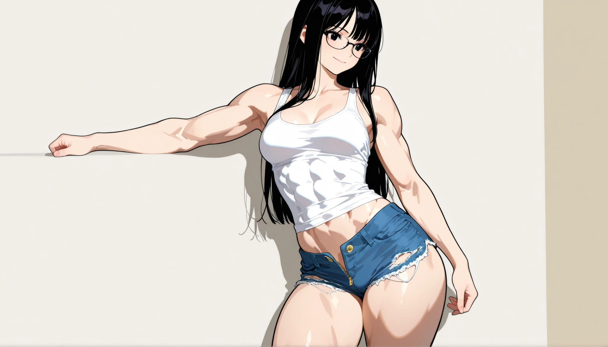 in white bra and tight denim, low waist denim, arms behind back, full body, wearing cropped t-shirt, bra, slim figure, small bust, fit girl model, 18 year old female model, burn scar on face, burn scar on right side of body, purple eyes, long dark purple hair, hanako ikezawa, hair over one eye, muscular fit girl, abs