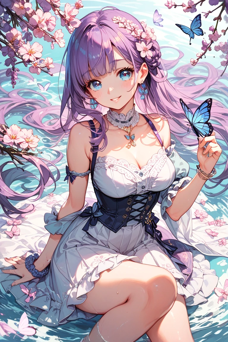 Pretty woman with rainbow hair, Colorful butterflies, Water, colorful flowers