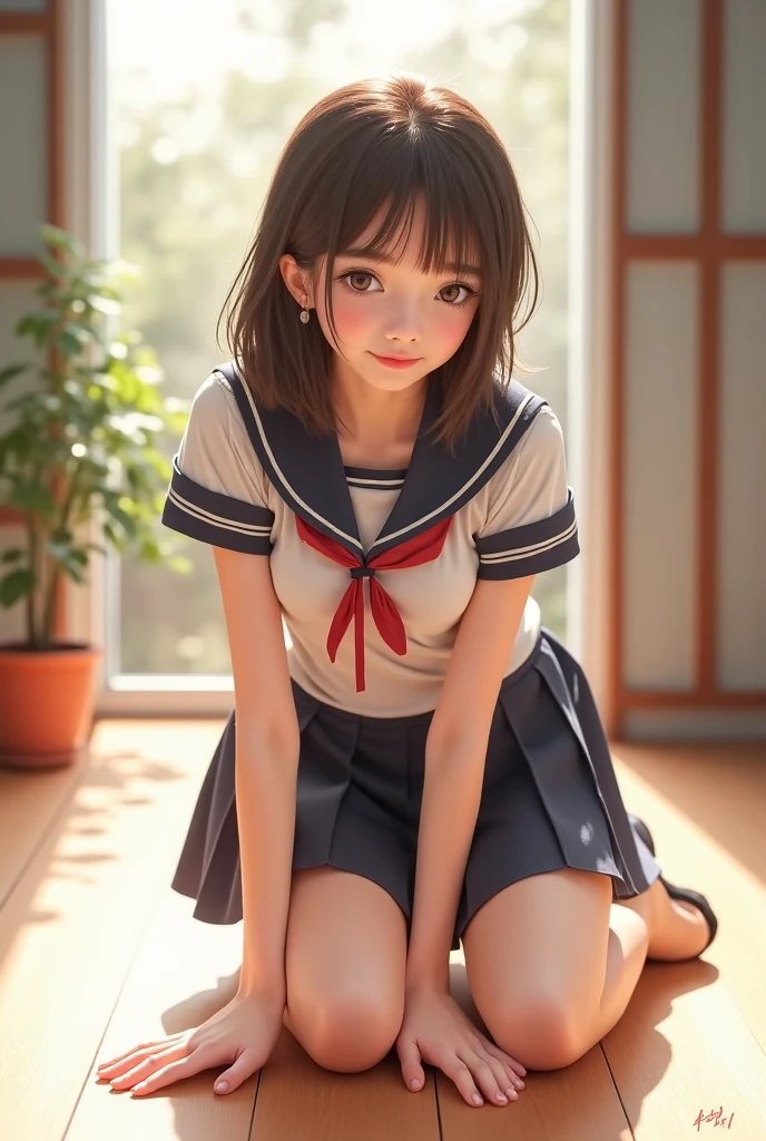 (masterpiece:1.2, Highest quality), (Realistic, Photorealistic:1.4), Beautiful illustrations, (Natural Side Lighting, Cinema Lighting), Written boundary depth, Looking at the audience, Front view, 1 person, English, high school girl, 20-year-old, Perfect Face, Symmetrical cute face, Glowing Skin, Spread your legs, (ボブヘア:1.7, ブロンド), Asymmetrical bangs, Big eyes, Droopy eyes, long eyelashes chest), thin, Beautiful Hair, Beautiful Face, Beautiful and beautiful eyes, Beautiful clavicle, Beautiful body, Beautiful thighs, Beautiful legs, Beautiful fingers, ((High quality fabric, Brown knitted vest, Short sleeve white collar shirt, ネイビーのプリーツスカート, Navy bow tie)), (Beautiful views), evening, (Inside the flower shop), Are standing, (smile, wonderful, Open your mouth), (((スカートめくり, ズボンがない, Genitals are visible))), Full Body Shot, Dark blue socks, Sexy Face,