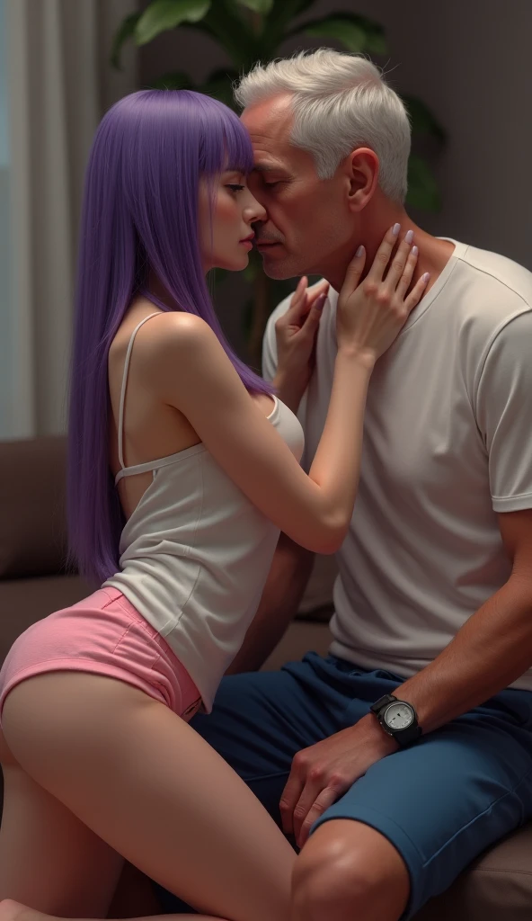 Crie uma imagem fotorealista, nessa imagem coloque um casal, um homem branco, with shaved head, barba rala, wearing glasses and a slightly toned body having sex with a white woman with magenta pink hair, they are on a sofa in front of a fireplace, se beijando intensamente e sem camisa.
