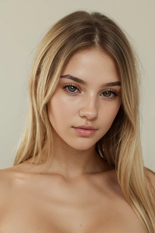 A young 19-year-old woman named Lila Nakamura with a Northern European heritage. She has thick dark black eyeliner, glossy lips, and a cute, endearing expression. She has straight, blonde hair with blonde highlights that falls just past her shoulders, styled in a neat and polished manner. Her eyes are almond-shaped with a light, striking blue color, accentuated by subtle eyeshadow and mascara. Her skin has a light tone with a natural, fresh look, and she has a few delicate freckles across her nose. She is nude with very small breasts, perky nipples, and accessorized with small gold hoop earrings. The background is a neutral studio setting with soft lighting to highlight her features.