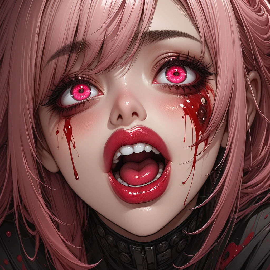 aa portrait of vampire with a bloody tear coming down from he eye, an exotic beautiful female vampire, pink hair color, dynamic hair style, ultra detailed face, best detailed face, silver eye color, ((1single red teardrop: 1.3)), ((tear drop made from blood)), ((teardrop coming down from the eye: 1.3)), small cleavage, wearing two black diamond earrings, Ultra-high resolution, High Contrast, (masterpiece:1.5), highest quality, Best aesthetics), 16K fantasy art, best details, best quality, highres, (ultra wide angle: 1.2), 16k, [ultra detailed], masterpiece, best quality, (extremely detailed), ladyshadow, magical sky, crying style, vampire teeth