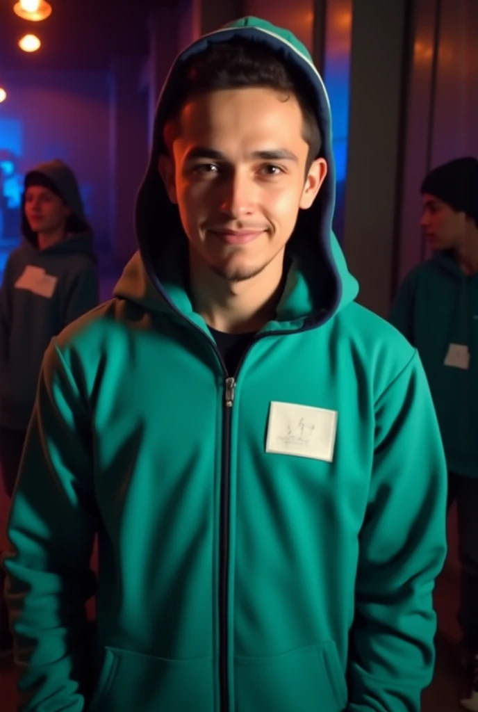 A young man in his early twenties siting on chair with a relaxed confidence, wearing a hoodie that blends a light green with black. The colors merge seamlessly, accentuating the modern, casual style of the garment. His smile is genuine and warm, radiating a sense of ease and approachability. His youthful features and bright eyes are framed by the casual, yet stylish hoodie, giving him an effortlessly charming appearanc
