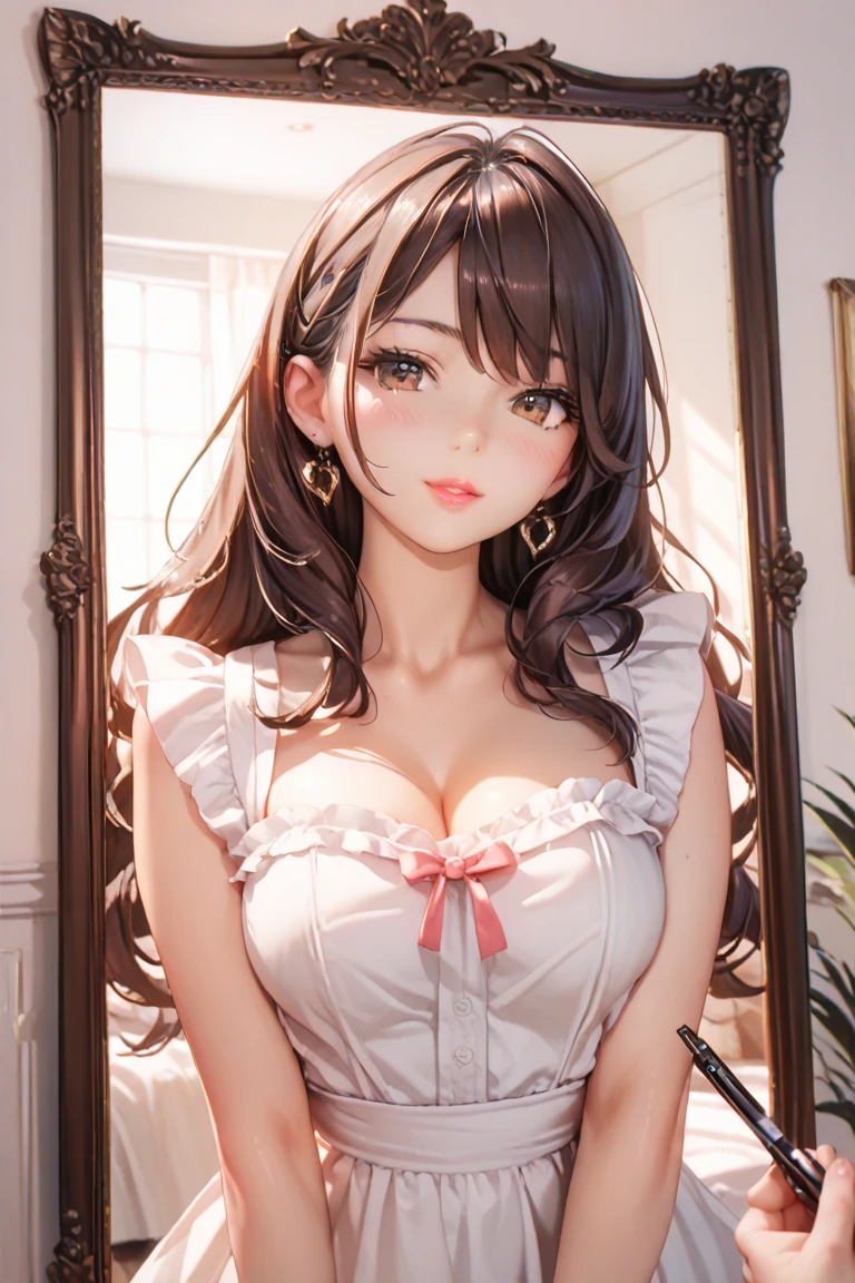 ((Biologically correct limb count))、((Full Body Shot, Full-body photo including face、Head to toe photos))、4K、(masterpiece:1.3)、((Symmetrical facial features))、Eyes of meticulous depiction、beautiful 、Excellent style、（(skirt、The neckline is a lace embroidered sheer shirt.、High heels with anklets)）、Detailed Description、shopping、Married Woman、sex appeal、Alluring、Handbags、Earrings、necklace、profile、Upper body close-up、Looking up、Blonde,(multiple:-1)