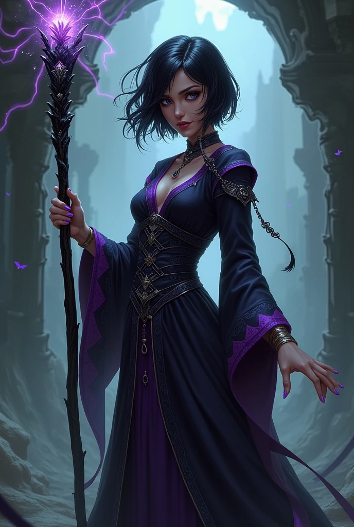 (Extreme Detail CG Unity 8K Wallpapers,tmasterpiece,Highest image quality),(Delicate light and shadow,The picture is highly dramatic,Cinematic lens effect),Short black hair purple pick dye girl,darkness aura, Dark aura, Holding a black longsword,Black sleeveless tights,Carrying a purple spear on his back,There are scratches on the eyes,purple scarf --auto