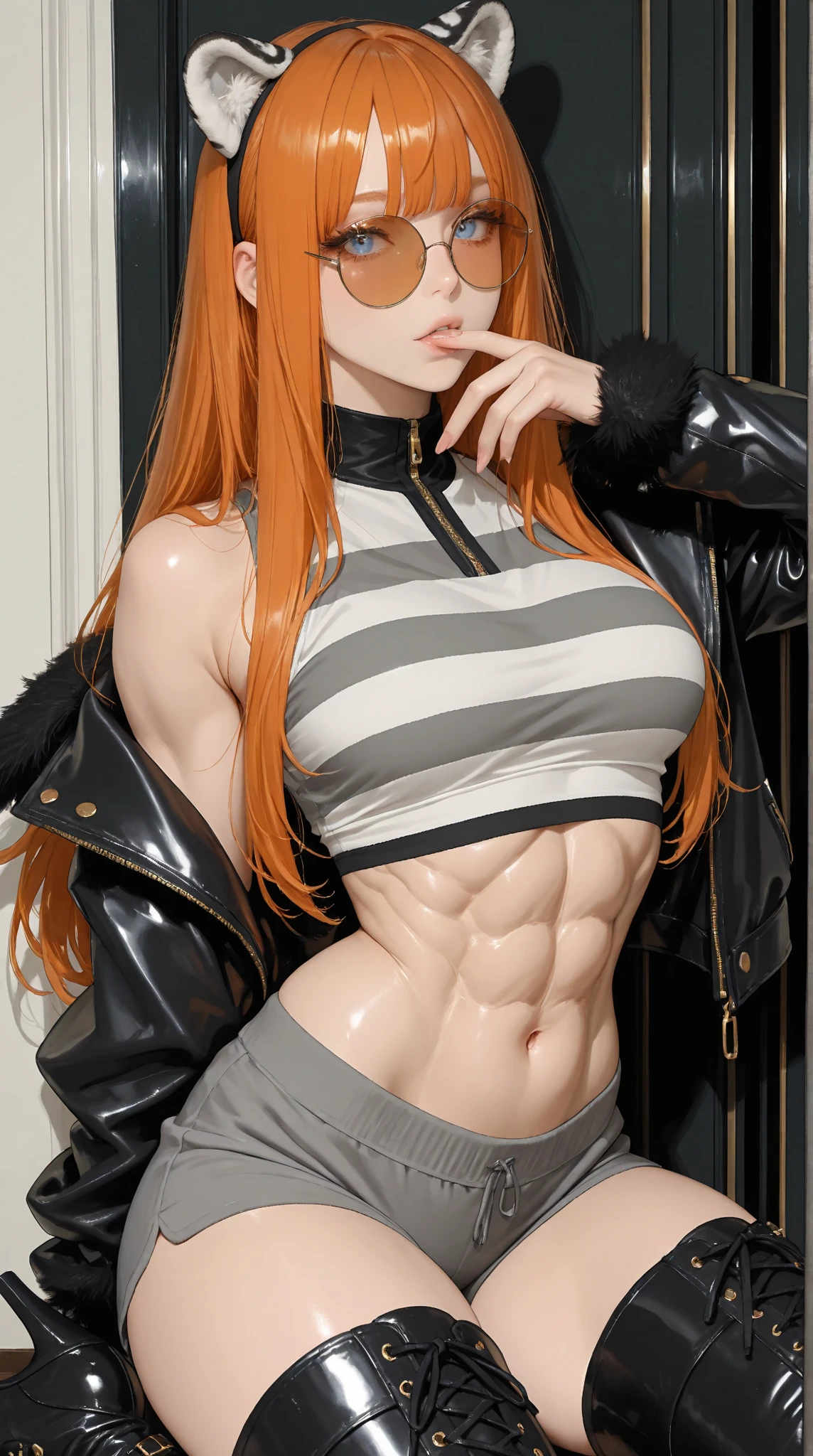 Long hair, red hair, yellow eyes, crop top, midrif, torn shorts, short jacket, black jacket, big breasts