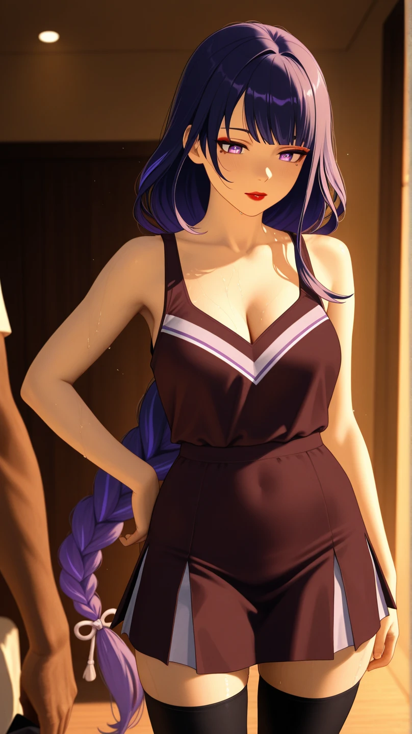 sherry, long hair, purple hair, transparent、Buttocks emphasis、Glossy skin 5.0、Close-up shot looking up from just below the ground、((from behind)), Emphasizes the exposure of muscular thighs、realistic、large breasts, (1 Shiny skin.4)、wear navy blue, very thin, Tight long dress with slit.,smile,cleavage emphasis,Face reality,lips are a little red,cheeks are a little red, wet hair, elf ears