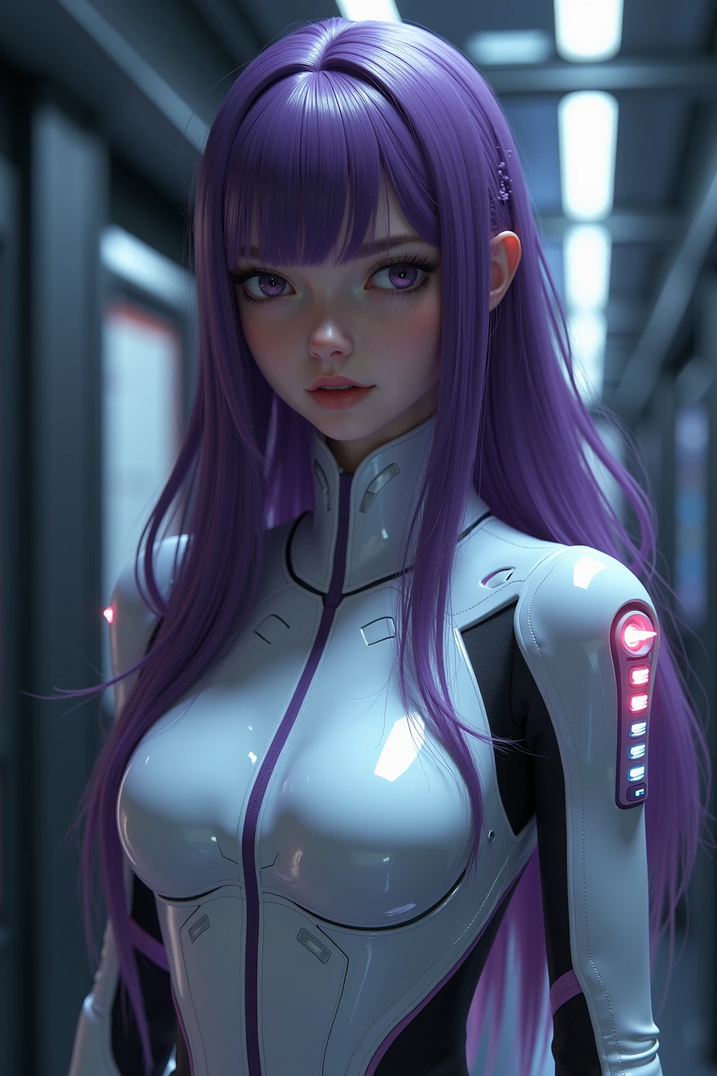 Create a purple-clothed female anime character in a bot model