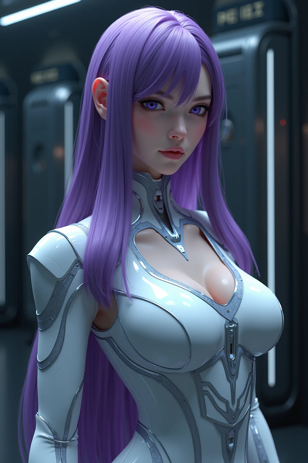 masterpiece, best quality, camera from above, camera on ceiling, tall man POV, (full body shot), ultra-detailed eyes, detailed pupils, shiny skin, 1girl, very skinny woman, abnormaly big breasts for such a tiny body, ((thin body)), (big breasts:1.8), white suit, white latex suit with big complicated golden details, (short straight hair), purple hair, (purple eyes:1.1), straight bangs, golden shiny ornaments over dark parts of bodysuit, octane render, raglan sleeves, cinematic lighting, another sharp sources of light, solo, dark, sharp image, 8k, <lora:more_details:0.7> <lora:saekobusujimatest:0.4> shiny golden earrings, hoop earrings, small lips, angry, dark scifi hall, very excited to see me, femine,