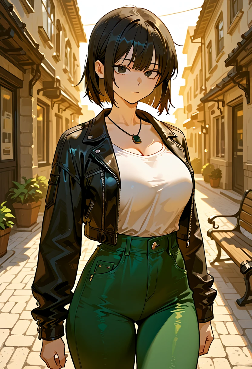 masterpiece, best quality, high quality, hyperdetailedanime painting, anime painting, painterly, realistic painting, soft features, detailed clothes, detailed, rembrandt lighting, solo, masterpiece, best quality, high quality, detailed anime painting, realistic, dramatic lighting, depth of field, guweiz, h3l3n, 1girl, adult, hime cut black hair, grey eyes, long sleeves, medium breasts, white dress shirt and jeans, smile, solo, upper body, white shirt, outdoors, black choker, chain-link fence, thighhighs, beautiful color, (amazing quality:1.5),
