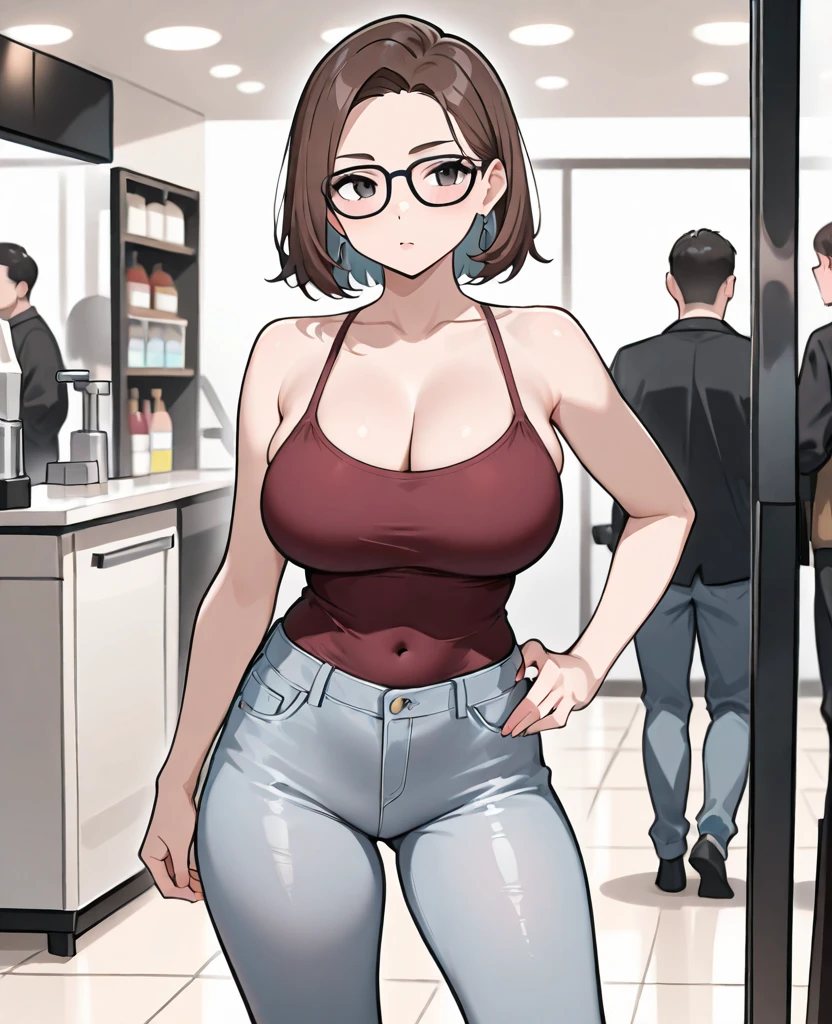 ((kipteitei art)), ((highres)), Masterpiece, high quality, best quality, beautiful, perfect lighting, detailed face, ultra cute face, full body, cowboy shot, ((1girl)), ((solo), skindentation, short brown hair, green eyes, glasses, ponytail, smile, looking at viewer, white crop top, jeans, chubby, belly hang, (medium breasts), perky breasts, cleavage, ((thick thighs)), wide hips, standing, bar,