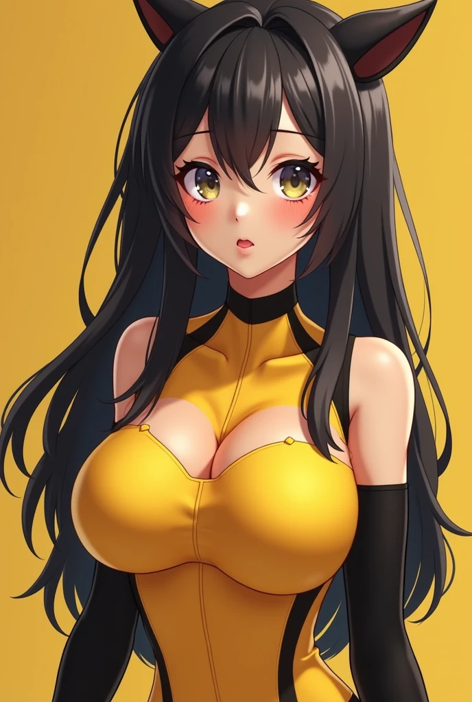 young girl, yellow body suit, whole body to see, smiled, excited, moans, long hair, sexy pose, huge breasts, wide hips