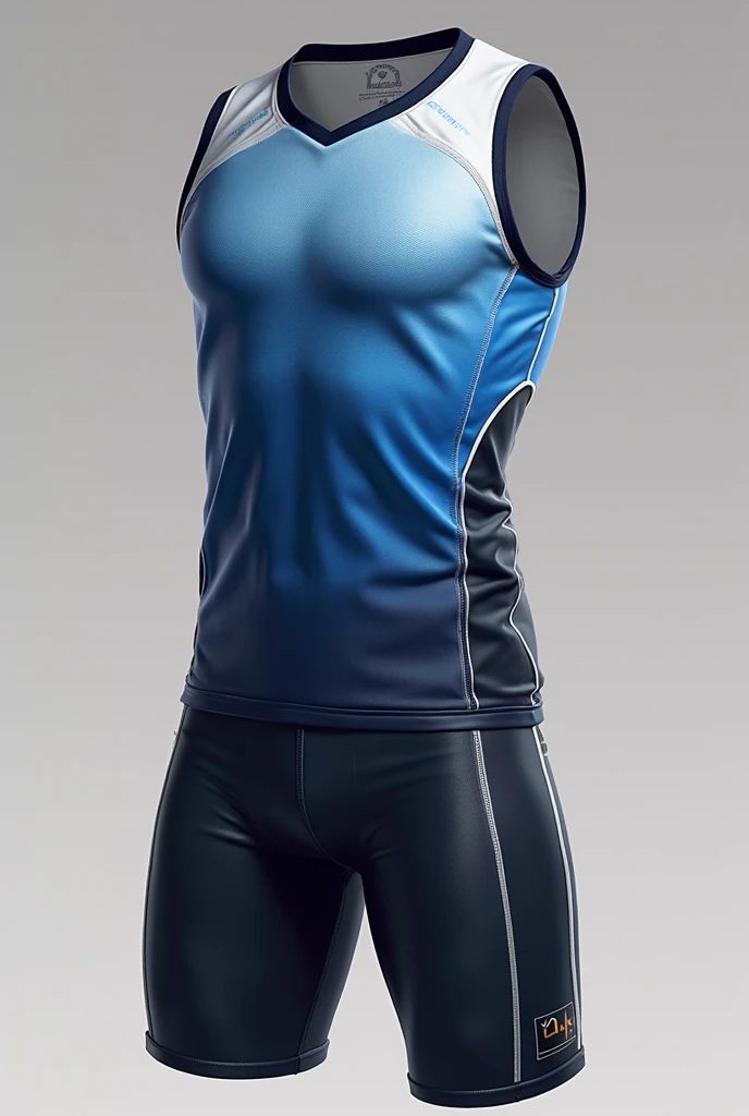 Sports Bermuda shorts in the colors Black on top Blue on the bottom smoky With short sleeves Front part Masculine Just the Bermuda shorts without anyone wearing them 