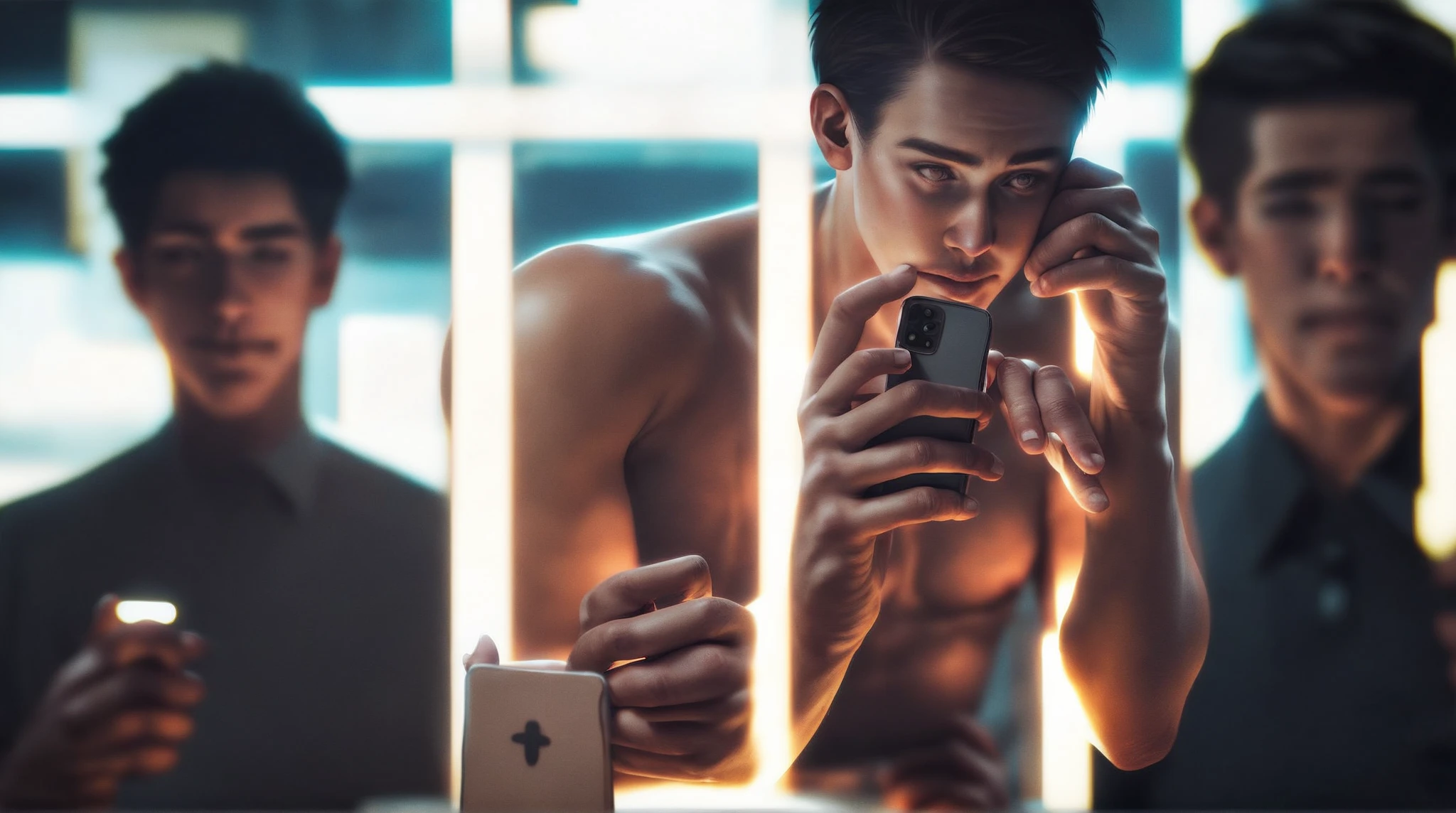 ((masterpiece)),((bestquality)),photography,award winning,documentary,8k,high detailed,ultra-detailed,depth of field,1boy,adult,male focus,handsome face,slim,real skin texture,well-proportioned hands,solo,face difference,model,thick  eyebrows,topless male,boxie,,,[||],,,[|],,in the studio,{Golden Ratio|Portrait|Cinematic Shot},({Emergency lighting|Kino Flo lighting|bisexual lighting|Cucoloris lighting}),(simple background:1.45),nsfw, male nude