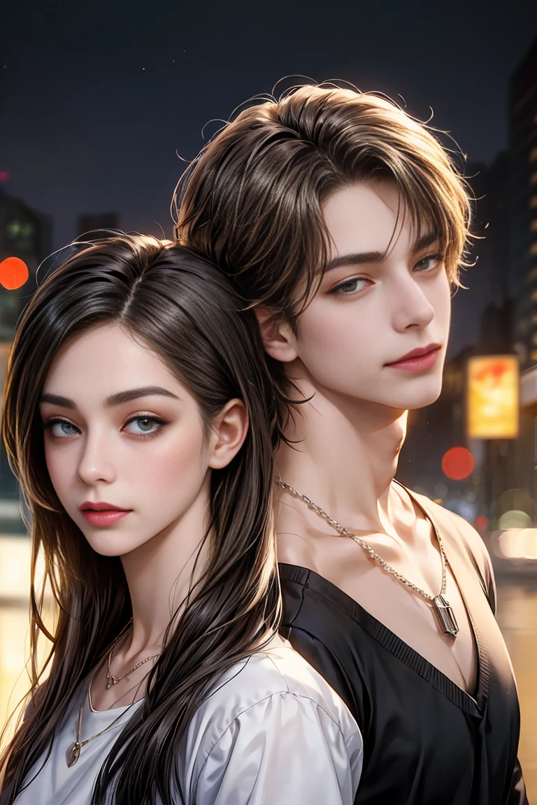 2 people, woman and man, Attractive profile picture, masterpiece, ultra-precise rendering, beautiful and cool young woman, trustworthy, dependable young woman, savior of the world, simple design, most beautiful image, 4K, black hair, blue eyes, beautiful woman, handsome man, white dress