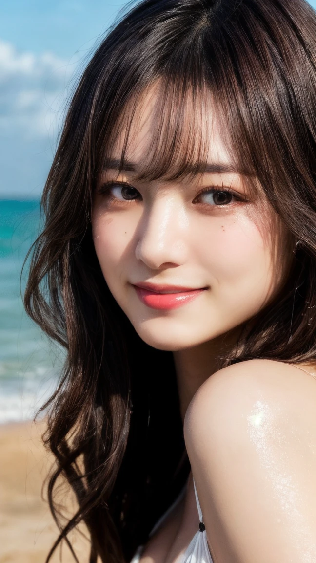 masterpiece, Highest quality, Very detailed, 複雑に詳細なSuper detailed, Realistic, Sharp features, Very detailed, Sharp focus, (19 years old:1.3), Japanese Idols, Perfect Face, Perfect symmetrical eyes, Perfect Plump Lips, Super detailed, hyper Realistic, High resolution, Fashion Model, thin, stylish, Realistic, PhotoRealistic:1.3, Beautiful Face, From above, pov shot, Light brown hair, Messy Hair, Asymmetrical bangs, White sand beach, (smile), (Swimwear:1.2),