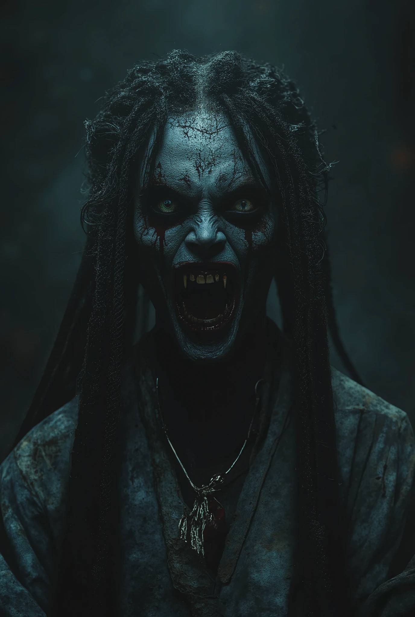 a close up of a person with dreadlocks, evil laugh, vecna from stranger things, creepy sigma 75mm, detailed and creepy, horror photography, dark and hoa close-up portrait of a sinister person with dreadlocks, Vecna from Stranger Things, creepy sigma 75mm lens, detailed and unsettling, horror-themed photography, dark and ominous