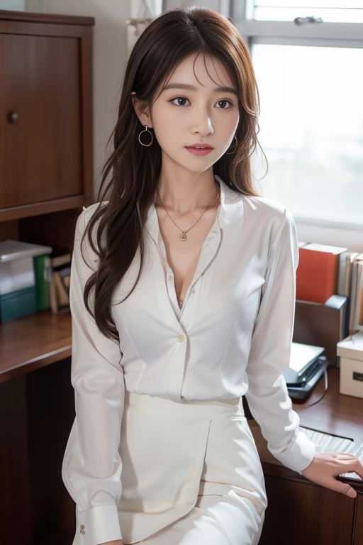 a beautiful young korean idol woman, 1girl, detailed eyes, beautiful detailed lips, long eyelashes, extremely detailed face and skin, flawless makeup, elegant expression, intricate jewelry, detailed clothing, complex background, (best quality,4k,8k,highres,masterpiece:1.2),ultra-detailed,(realistic,photorealistic,photo-realistic:1.37),studio lighting,HDR,vivid colors,professional photography,short bob,blonde hair,mini skirt,white shirt