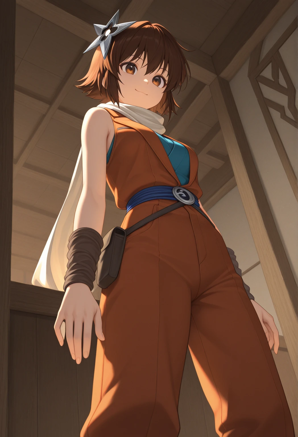 Completely naked、Brown hair ponytail、Long Straight Hair、Are standing、smile