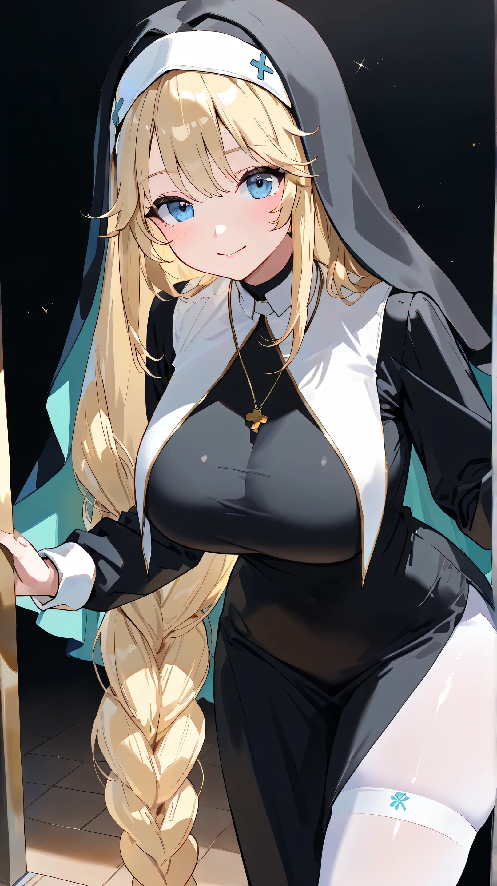 masterpiece, Highest quality, Official Art, Highly detailed CG Unity 8k wallpaper, Detailed Background, (Handcrafted by Guido Daniele), (Finger details), Mature Woman1, (Curvy), (Nuns),  (standing in church), (Nuns gown:1.12), (Chest curtain:1.4), (Nuns skirt:1.11), (White Garter Straps Garter Belt:1.12), (Blonde long hair:1.12), (Hair intake:1.12), (Green Eyes:1.2), blush, (Loving smile, holy smile), ((Huge breasts:1.5、Sagging breasts:1.5、Long Breasts:1.3、sagging breast:1.5)), Tight waist, Shiny skin, (Cross Necklace), indoor, (Sacred Scene), (church:1.11), (Sunlight streaming through stained glass),Mature Woman、((sit、足を広げてsit))、Monastic Clothes、White panties、Photographed from diagonally in front、Confessional Pose、Clasp your arms in front of your chest、Close-up photo of the chest、naughty face、