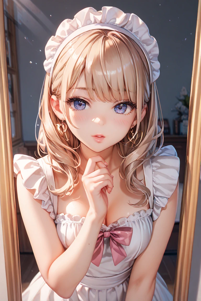 ((masterpiece)), (best quality), (detailed), 1girl, looking at viewer, (lipstick:0.75), eyelashes, brown eyes, yellow eyes, leaning forward, seductive smile, ((long white hair)), multicolored hair, brown ombre, colored tips pinkish beige, eggmaam hair, (white hair band), white choker, cleavage, medium breasts, white short dress, white frilled thighighs,