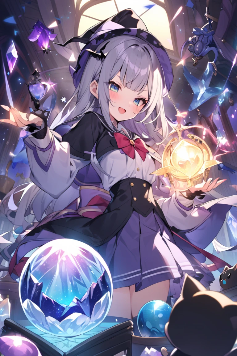 Highest quality,wonderful,masterpiece,delicate,Ultra-high resolution,Very detailed,Intricate details,beautiful,8k resolution,(Highly detailed CG Unity 8K wallpapers),Sharp focus、anime、fiction、One Woman、short hair、Vibrant Hair、Shaggy hair、Messy Hair、Vibrant Skin、Glowing Skin、Big Breasts、Underbust、、Lolita、short、young、cute、beautiful eyes、smile、yes、Default, Feline tail, Ahoge、Purple Magic、The background is magical、Warrior Armor、boost mood、Running feeling、Purple armor、Purple armor、Purple Sword、Purple Sword、Purple Sword is light、The sword glows、Purple Dragon、Purple butterfly、Five fingers、both hands、Thighs、Please raise your left hand、Raise your left leg