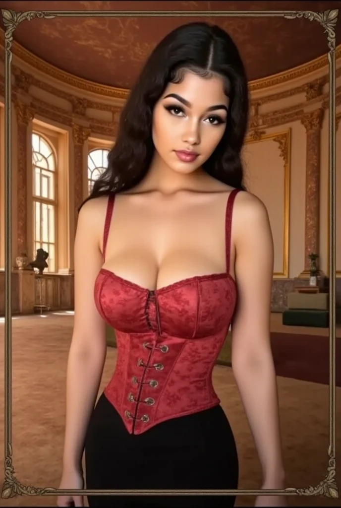 Busty 21-year-old slim brunette teenager girl with disproportionately giant breasts . Self-confident. She has a seductive look and sexy smile. She seduces with her look. Black curly long hair, hoop earrings, red lipstick. Enormous breasts . With gold necklace with diamonds. presumptuous and arrogant. She whears a diamond crown. She is at the top of a staircase with a red carpet at the door of a palace.She is wearing a red shirt, a dark jeans and a white jacket