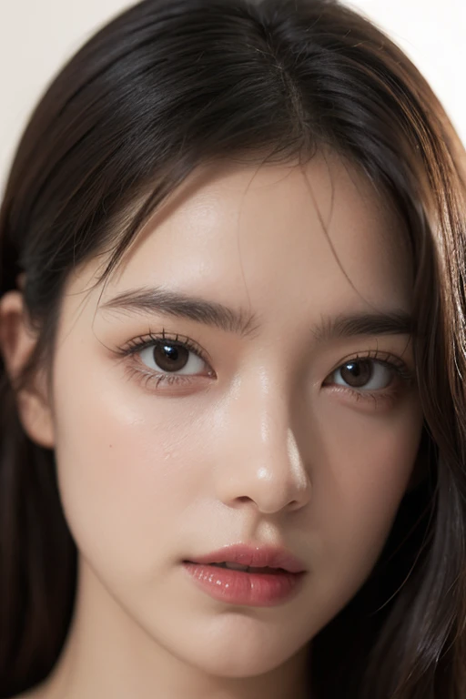 ((Extremely precise and accurate anatomy:1.0)), (photo realistic:1.4), (Hyper realistic:1.4), (Highest qualityの現実的な肌の質感:1.4), (Improvement of quality:1.4), (Enhances the beauty of skin texture:1.1), Clean and glowing skin,(((masterpiece、Attention to detail、Ultra-high resolution、Cute Japanese Woman)))、length, Straight black hair frames her face、Each strand of hair is clearly visible、The skin is white and smooth、Has a natural glow、Fine skin、毛穴のExpressing every detail、A detailed look at the areas with slight redness on the forehead and cheeks、The eyes are dark brown.、Iris Detail、Expressing color gradations and patterns、length, Natural Eyelashes, well-groomed eyebrows、personal々The hair is clearly visible、Light reflects off the eyes、Create small highlights、The nose is delicate、nose孔の細かいディテール、Lips are plump and naturally pink、Fine lines and soft curves of the lips、Glossy Lips、Enhances the shape of your lips、Detailed depiction of lip texture、((depiction of light and shadow))、Soft natural light gently illuminates your face from the front、A faint glow on the forehead, nose, and cheeks、The shadows are softly cast along the contours of the face.、Accentuate the curves of your cheekbones, chin and sides of your nose、Her lip gloss subtly reflects the light...、Increases lip plumpness、The shadows in the hair add depth and dimension、Your hair sparkles in the light、The background is simple and blurry.、Focus on the face、(((Highest quality、Expressing every detail)))